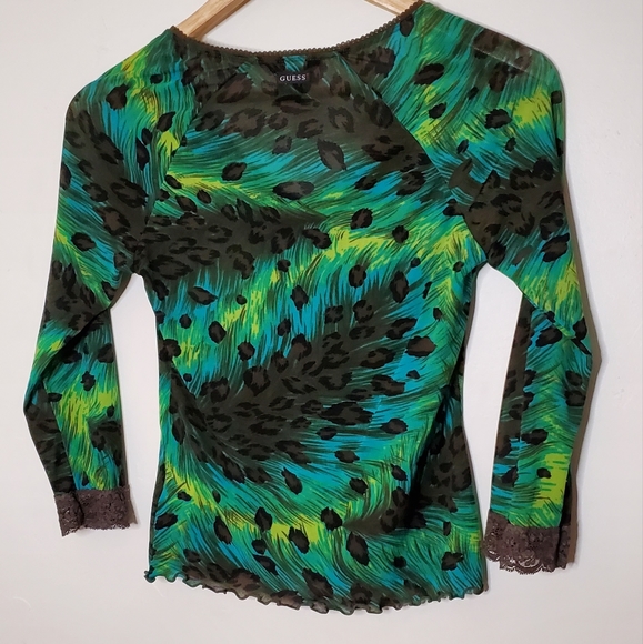 Playful Peacock Brightly Colored Leopard Blend V-Neck with Lace Edging - Picture 11 of 13